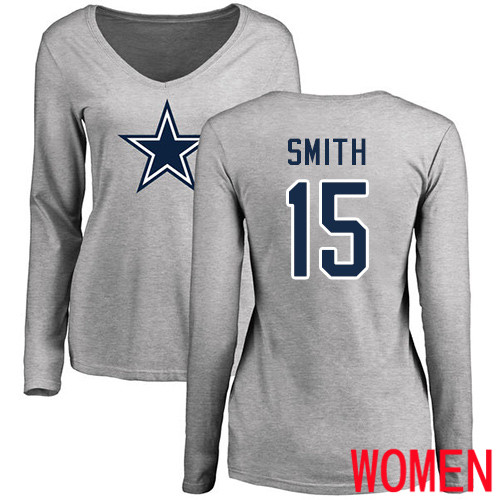 Women Dallas Cowboys Ash Devin Smith Name and Number Logo Slim Fit #15 Long Sleeve Nike NFL T Shirt->women nfl jersey->Women Jersey